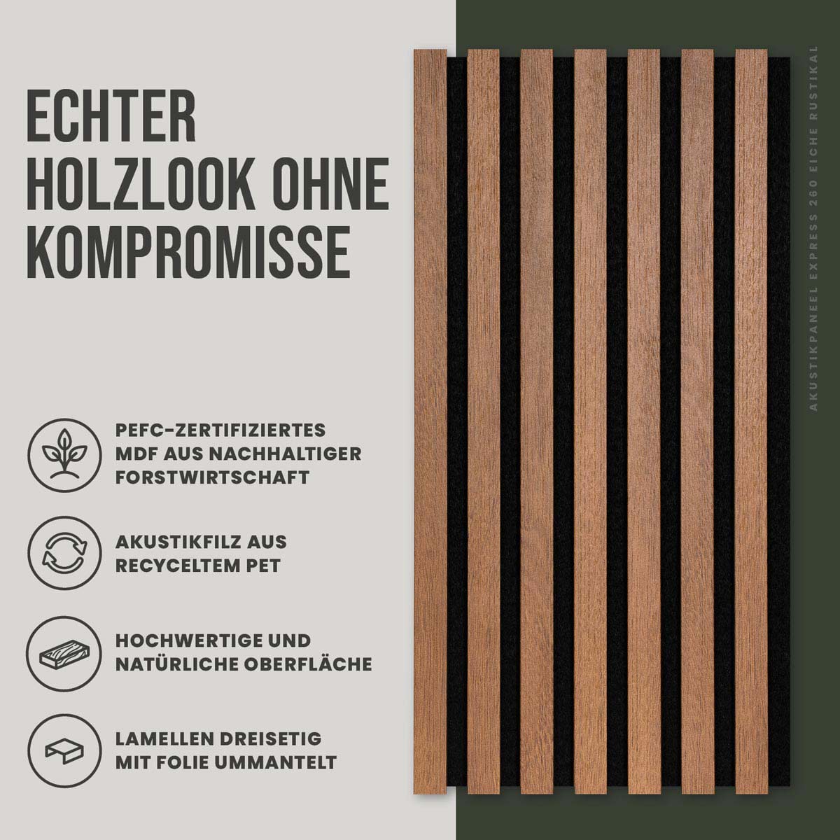 Akustikpaneele Eiche Rustikal 30 x 260 cm Lamellen Frontansicht