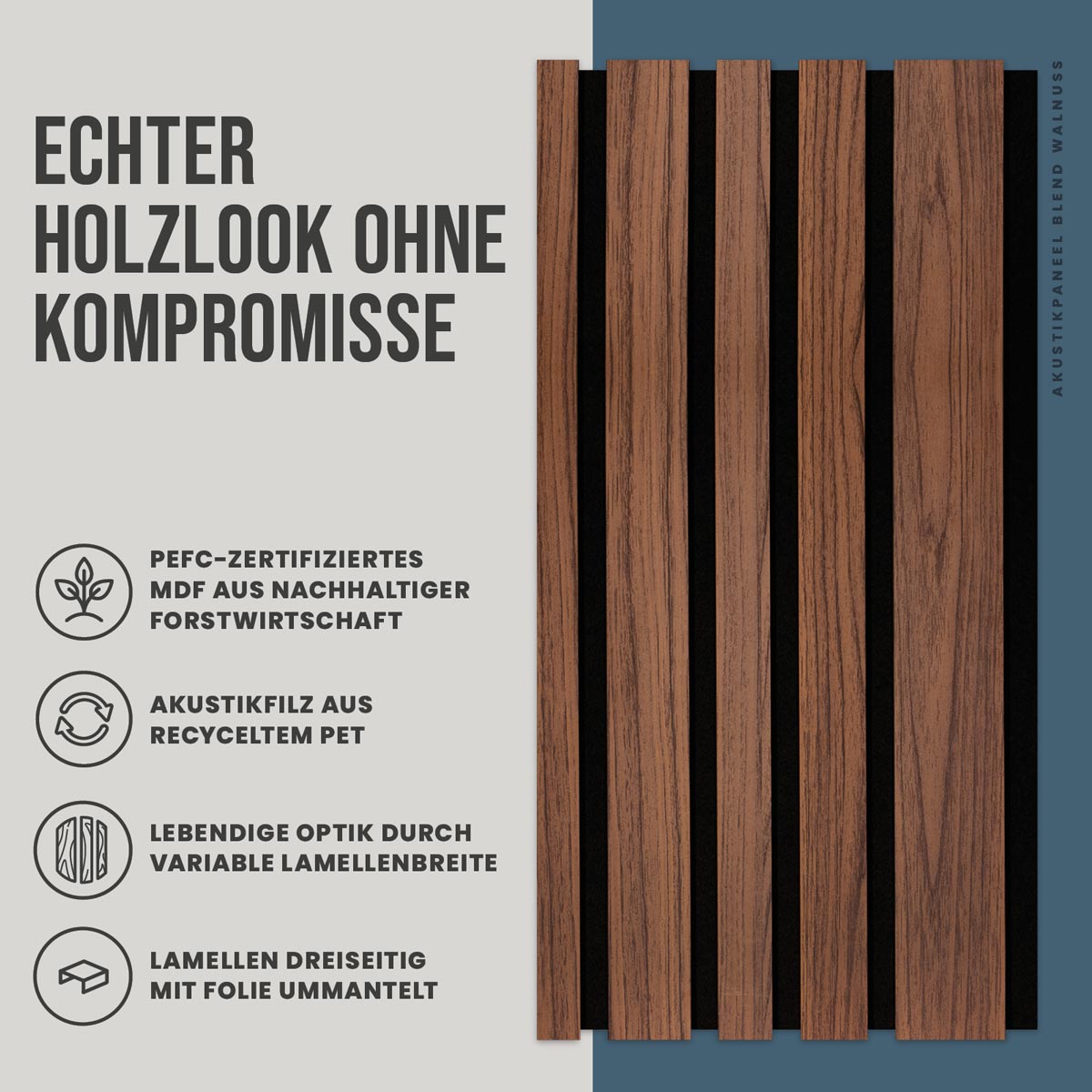 Akustikpaneele Blend Walnuss 30 x 260 cm unregelmaessiges Lamellenraster