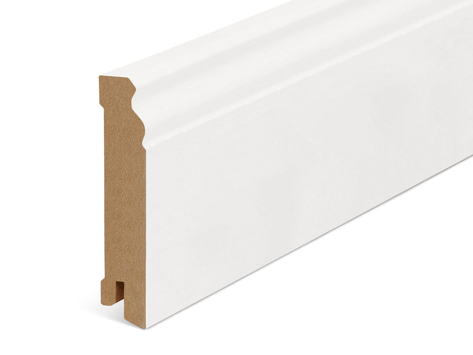 Profilansicht der ECO Hamburger Sockelleiste 19 x 80 mm mit geschwungener Oberkante und sichtbarem MDF-Kern