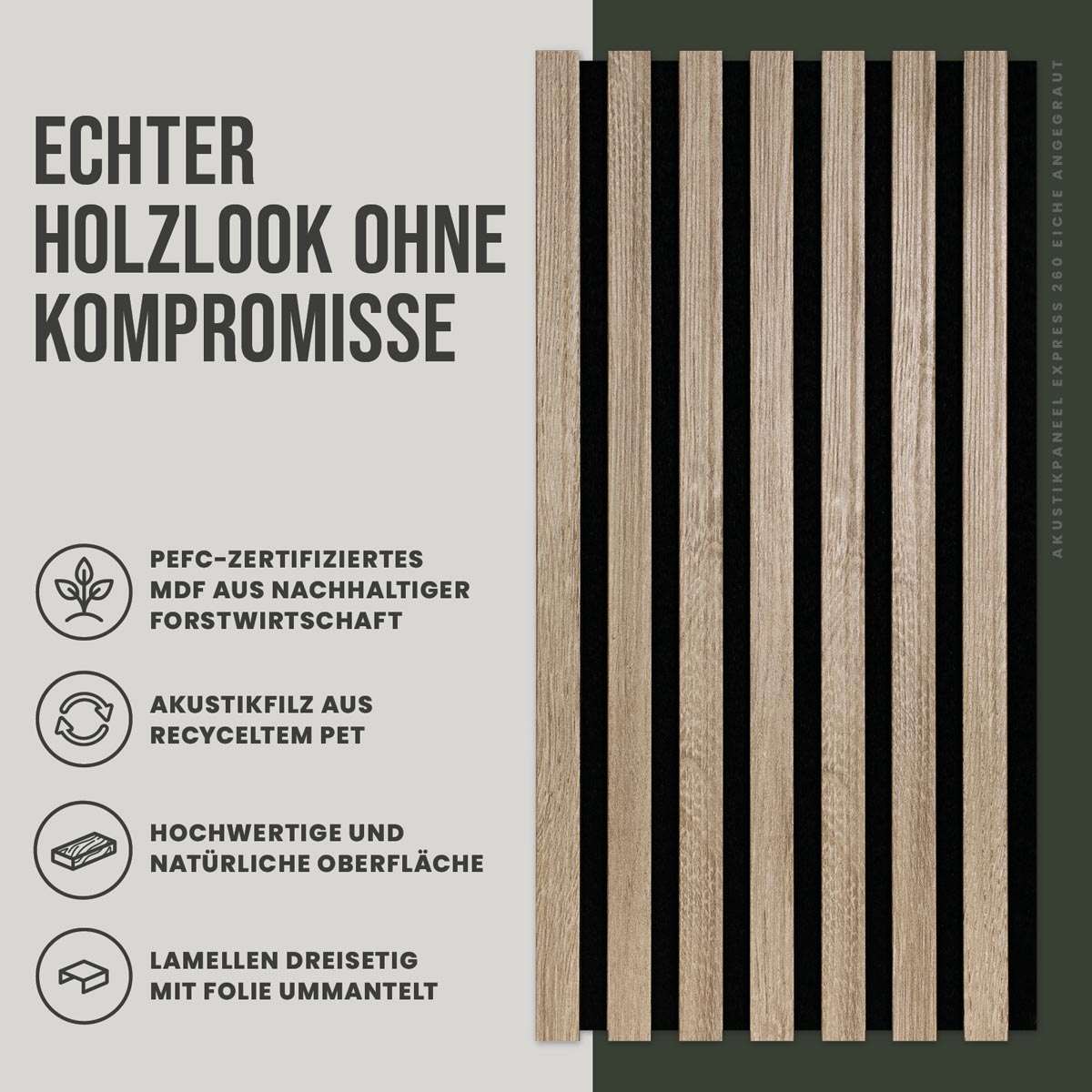 Akustikpaneele Eiche Angegraut foliert 30 x 260 cm 2er Set Frontansicht