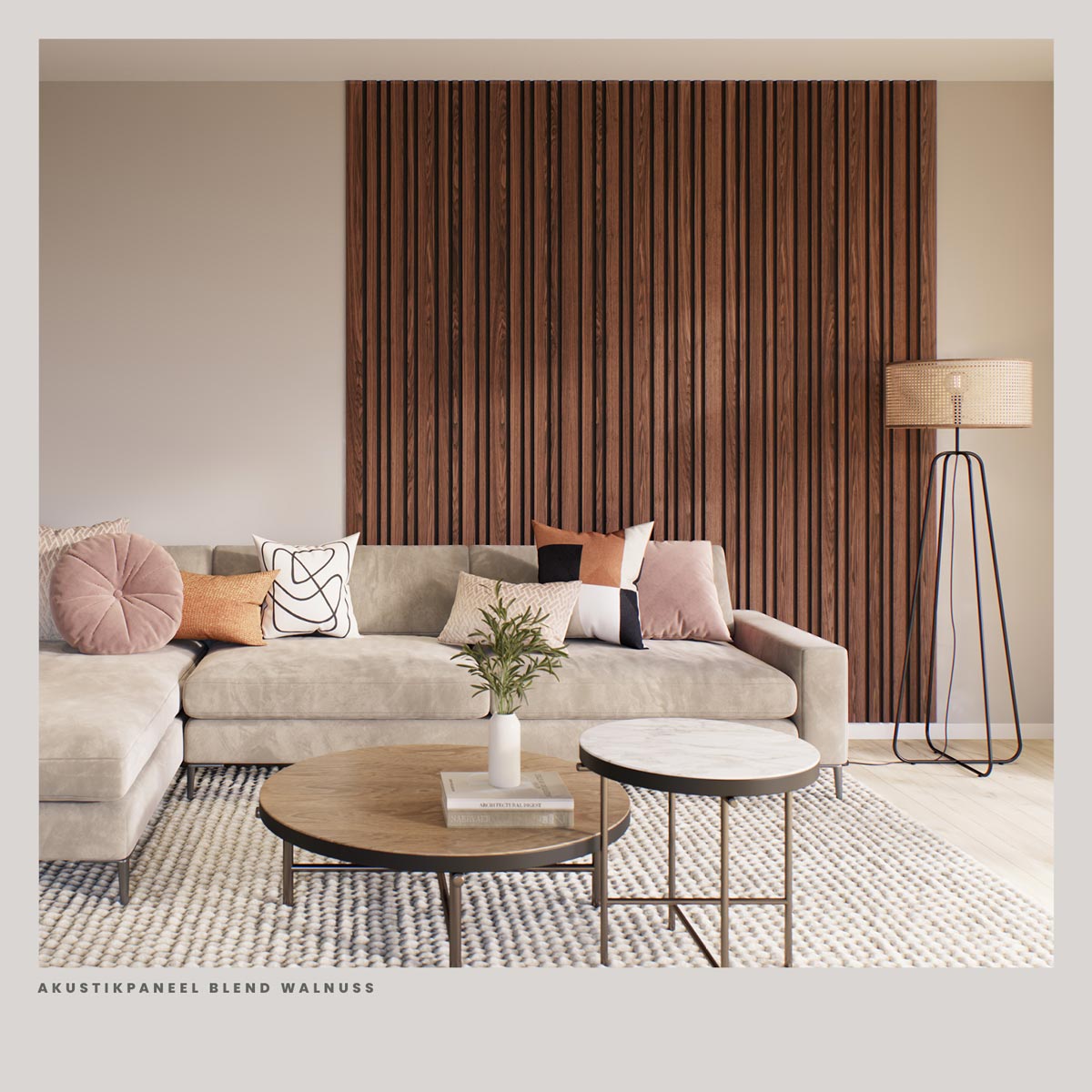 Akustikpaneele Blend Walnuss 30 x 260 cm im Wohnzimmer