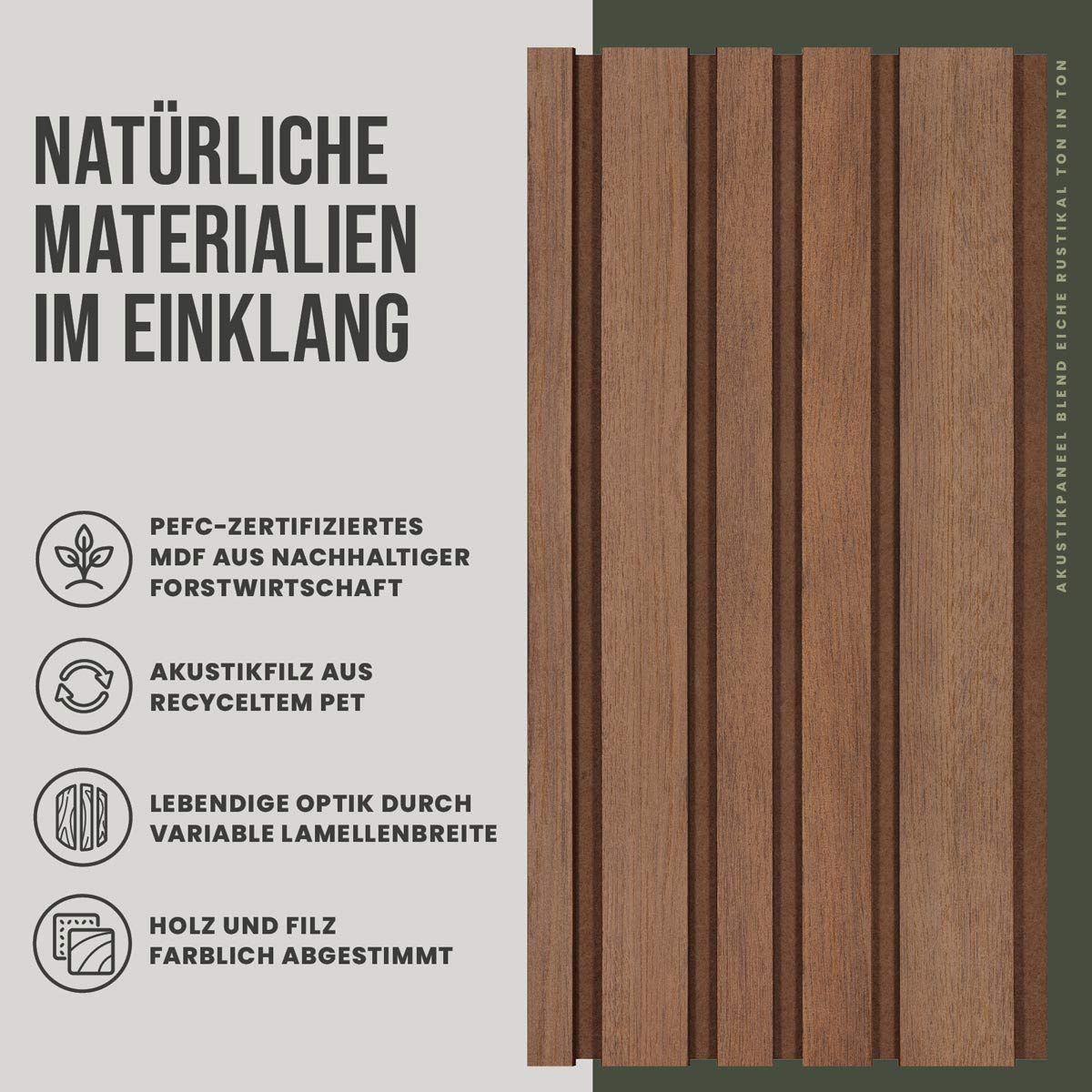 Akustikpaneele Blend Eiche Rustikal Ton in Ton natuerliche Materialien und Lamellenstruktur