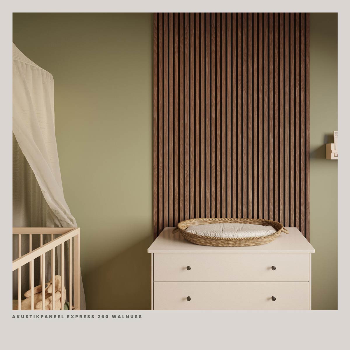 Akustikpaneele Walnuss 30 x 260 cm hinter dem Bett im Schlafzimmer