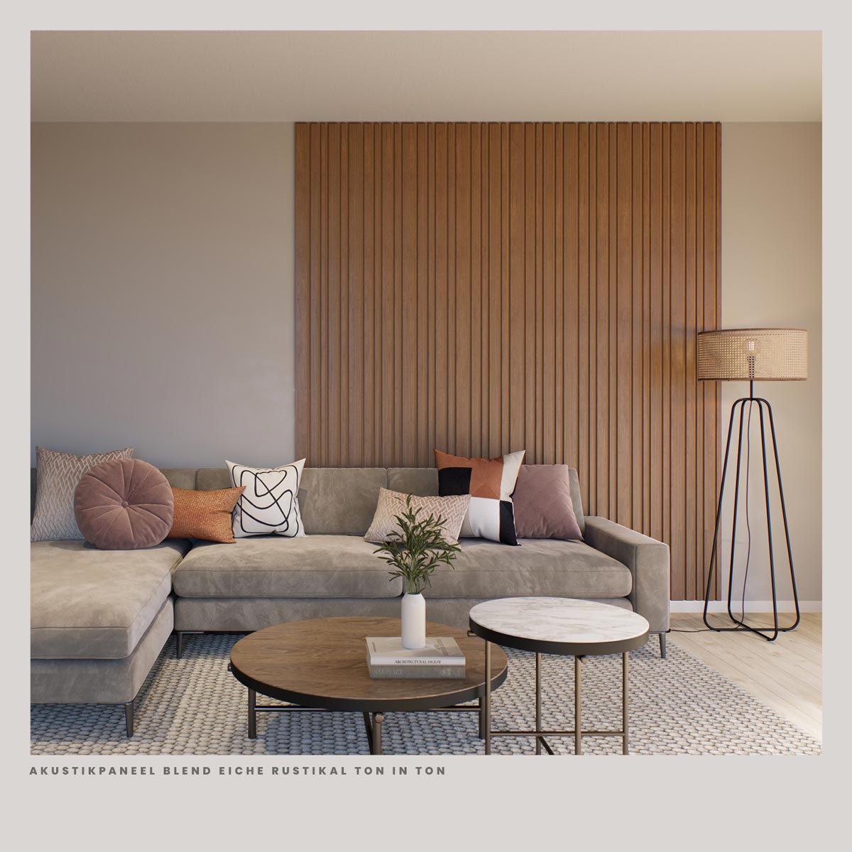 Akustikpaneele Blend Eiche Rustikal Ton in Ton 30 x 260 cm im Wohnzimmer