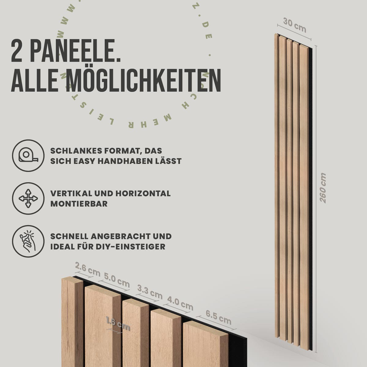 Akustikpaneele Blend Eiche Natur 30 x 260 cm 2er Set mit Abmessungen