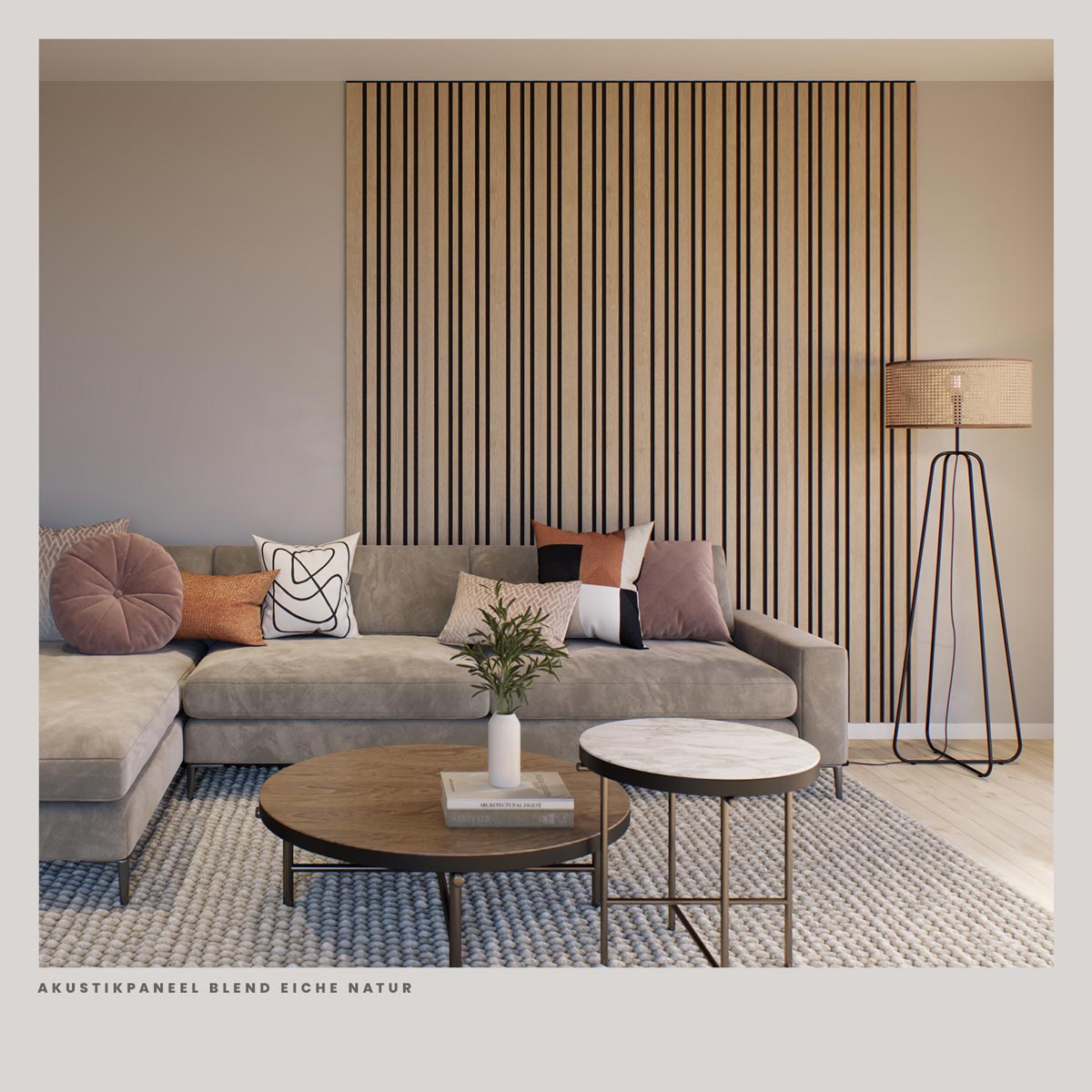 Akustikpaneele Blend Eiche Natur 30 x 260 cm im Wohnzimmer