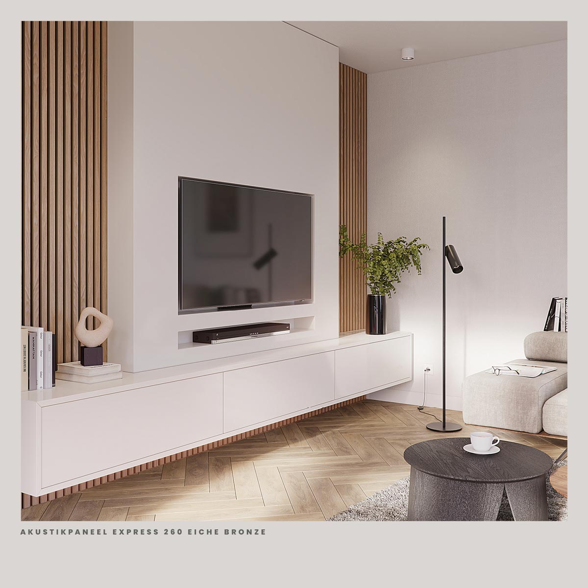 Akustikpaneele Eiche Bronze 30 x 260 cm im Wohnzimmer hinter dem TV