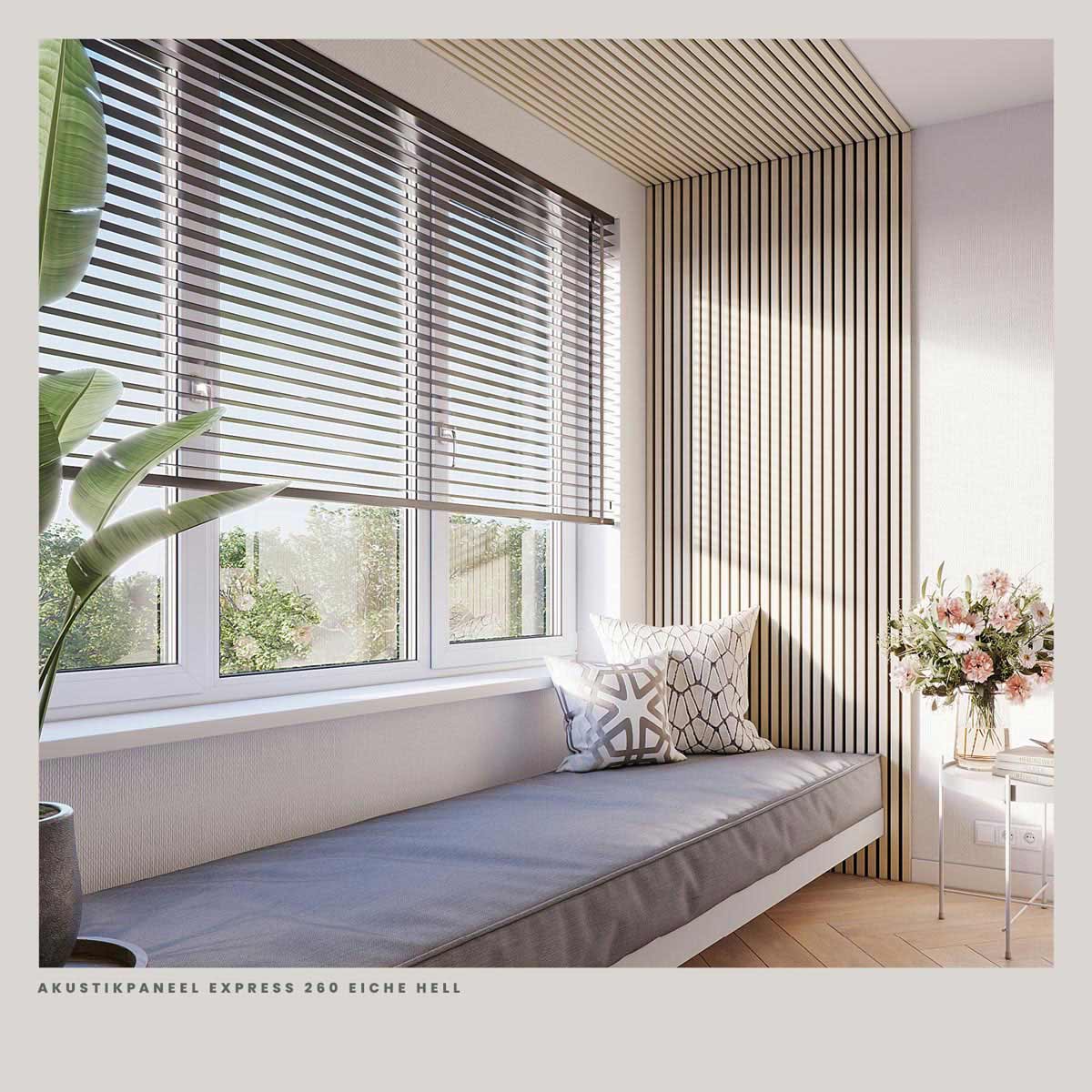 Akustikpaneele Eiche Bronze als Wandverkleidung an der Fensterbank