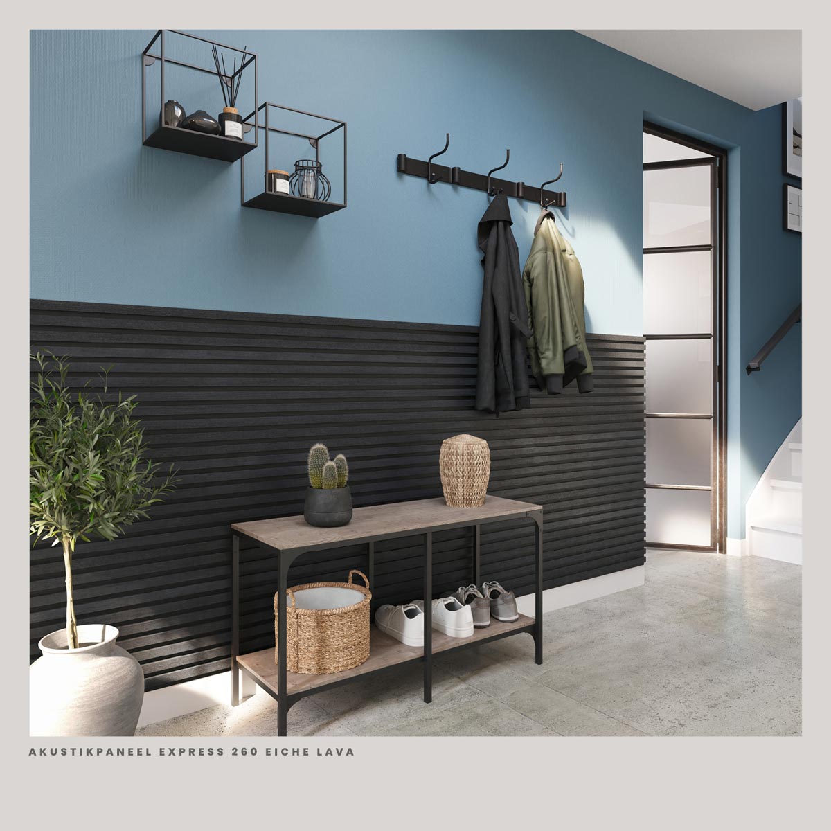 Akustikpaneele Eiche Lava 30 x 260 cm als Wandgestaltung im Flur