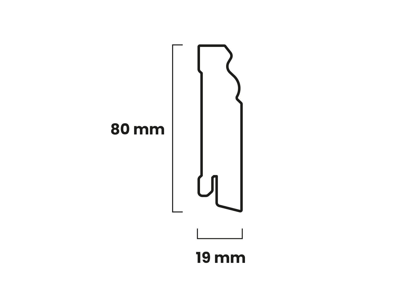 Technische Zeichnung der ECO Hamburger Sockelleiste: 80 mm hoch, 19 mm tief, mit Rückseitennut