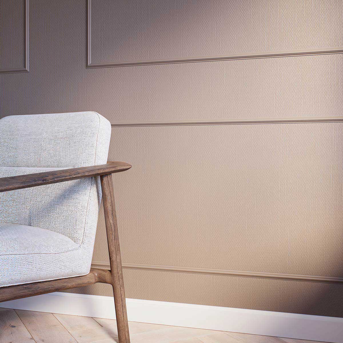 Weiße Zierleisten als horizontale Wandverkleidung im modernen Wohnraum