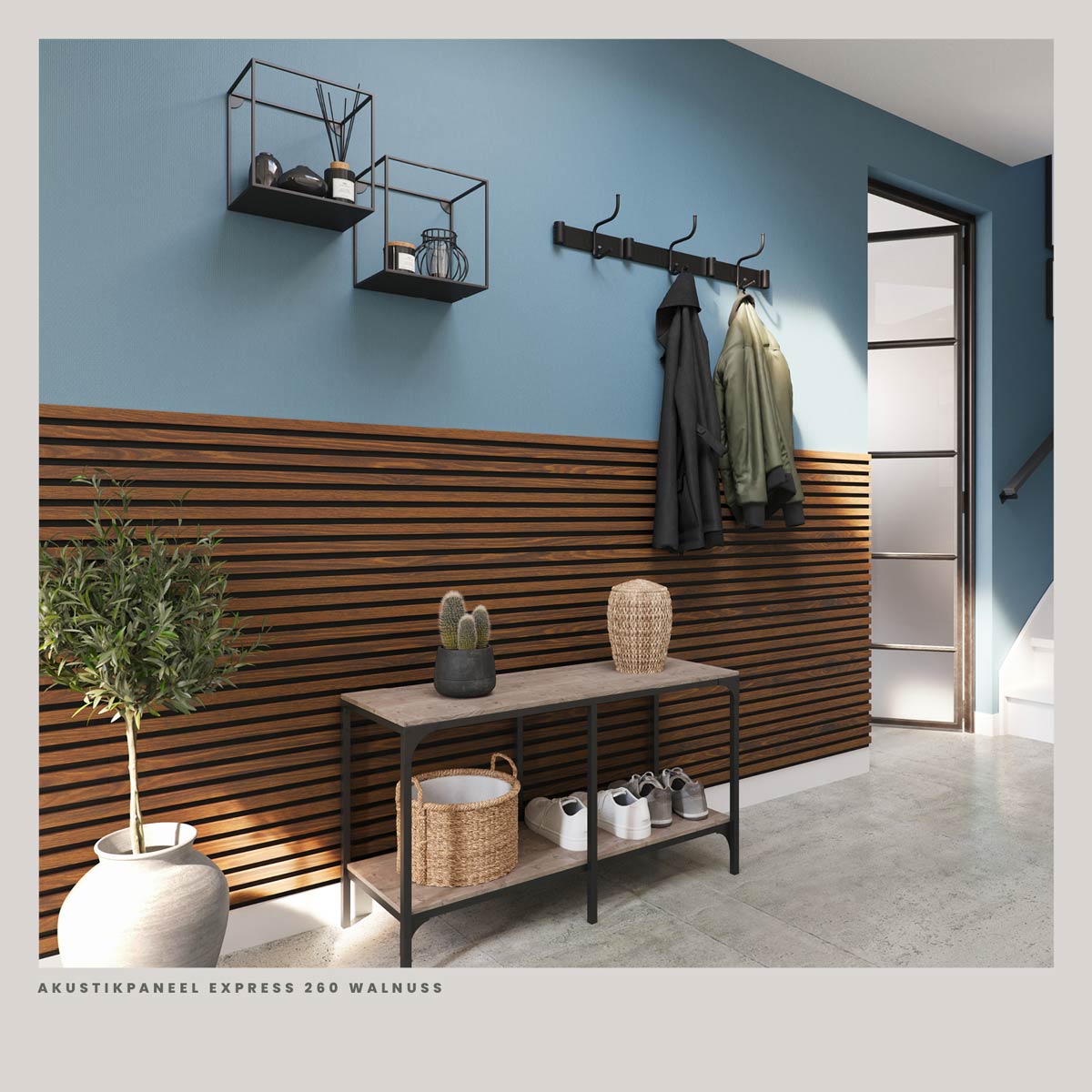 Akustikpaneele Walnuss 30 x 260 cm als Wandgestaltung im Flur