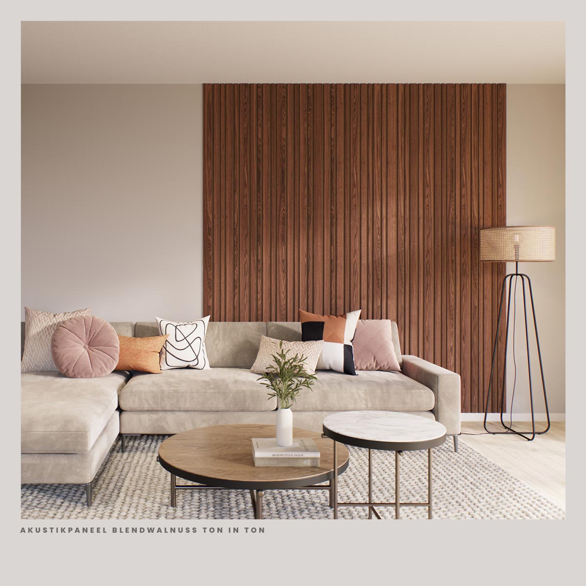 Akustikpaneele Blend Walnuss Ton in Ton 30 x 260 cm im Wohnzimmer