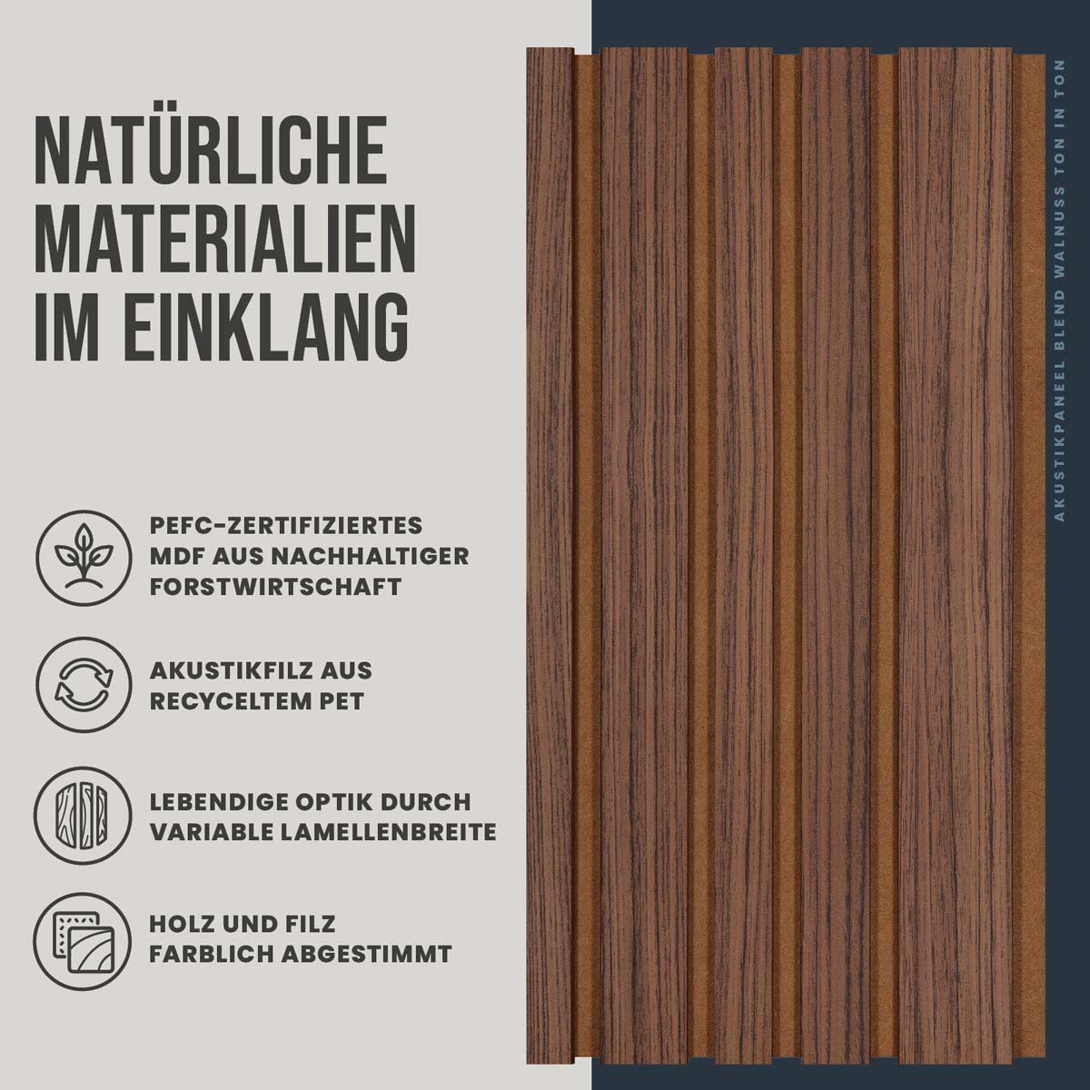 Akustikpaneele Blend Walnuss Ton in Ton natuerliche Materialien und Lamellenstruktur