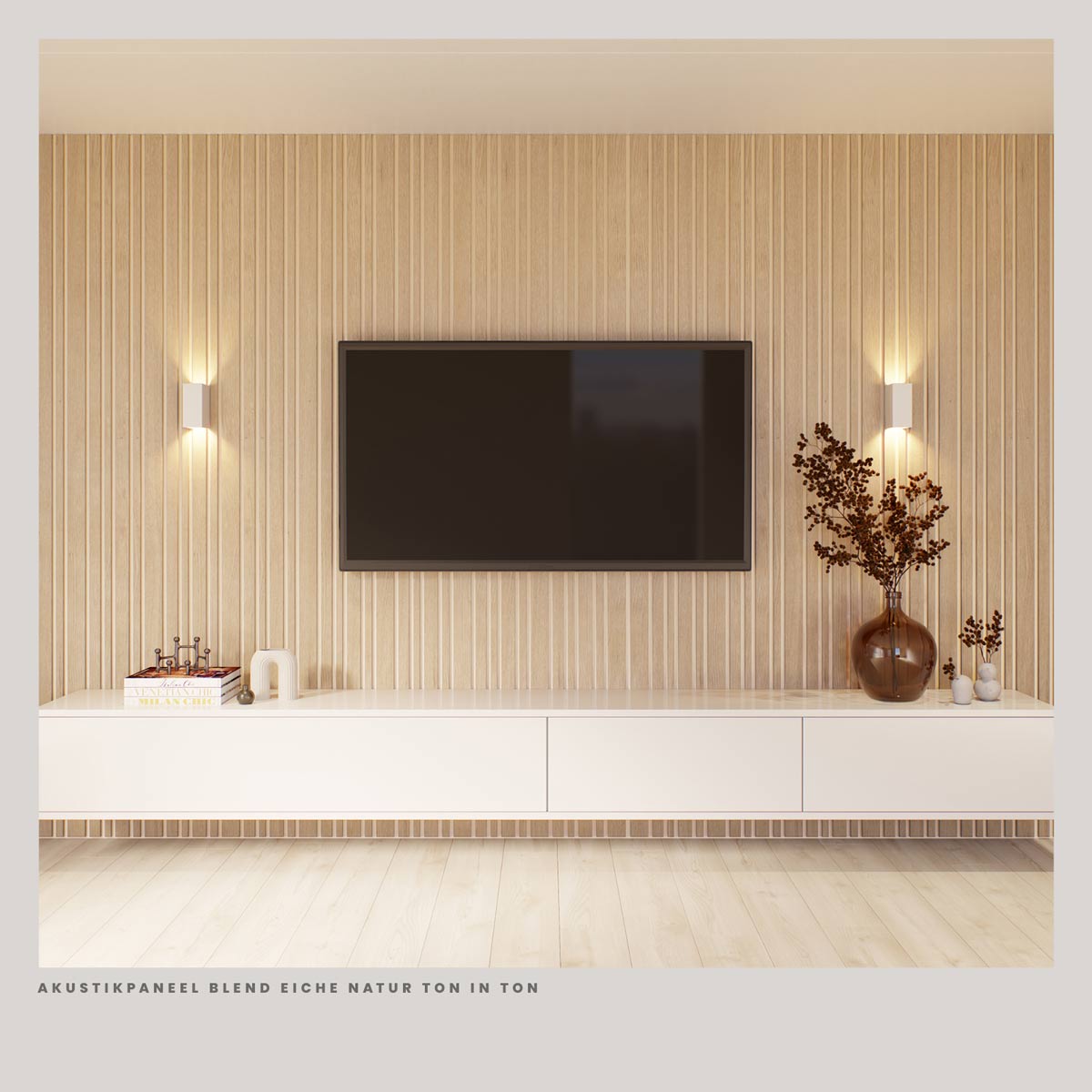 Akustikpaneele Blend Eiche Natur Ton in Ton als Wandgestaltung hinter dem TV