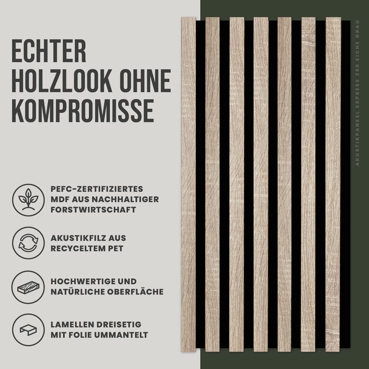 Akustikpaneele Eiche Grau foliert 30 x 260 cm 2er Set Frontansicht der Lamellen