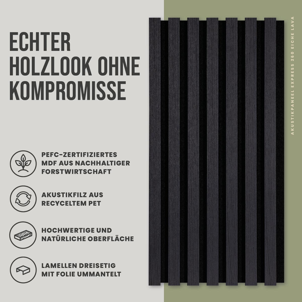 Akustikpaneele Eiche Lava foliert 30 x 260 cm 2er Set Frontansicht der Lamellen