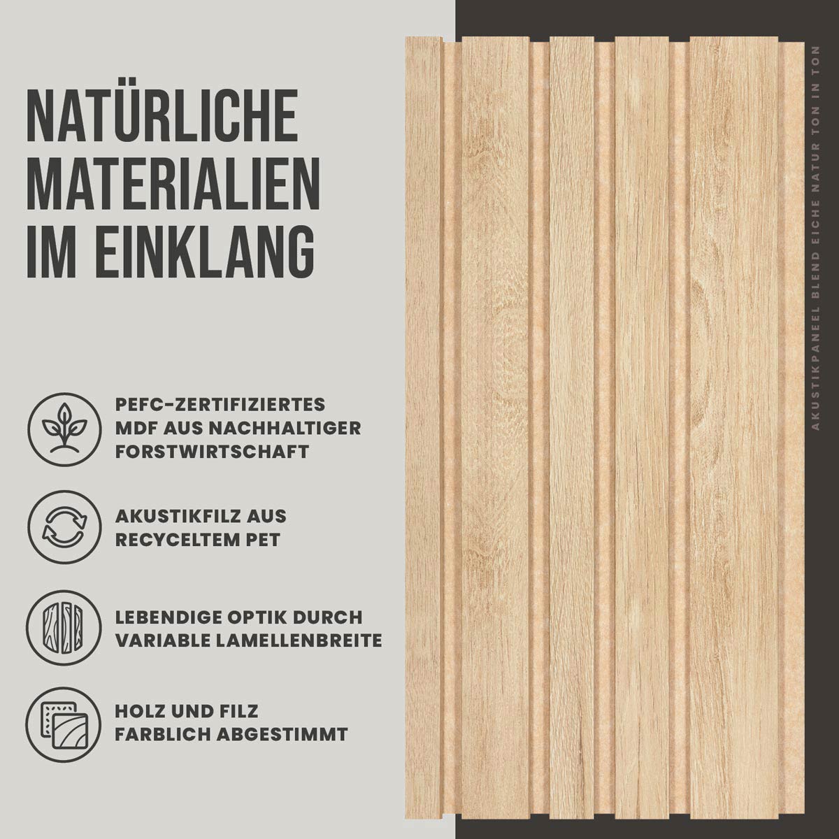 Akustikpaneele Blend Eiche Natur Ton in Ton natuerliche Materialien und Lamellenstruktur
