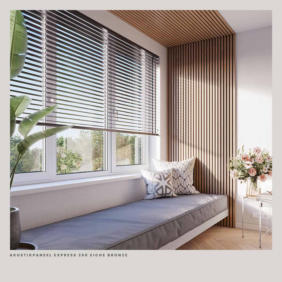 Alt-Tag: Akustikpaneele Eiche Bronze als Wandverkleidung an der Fensterbank