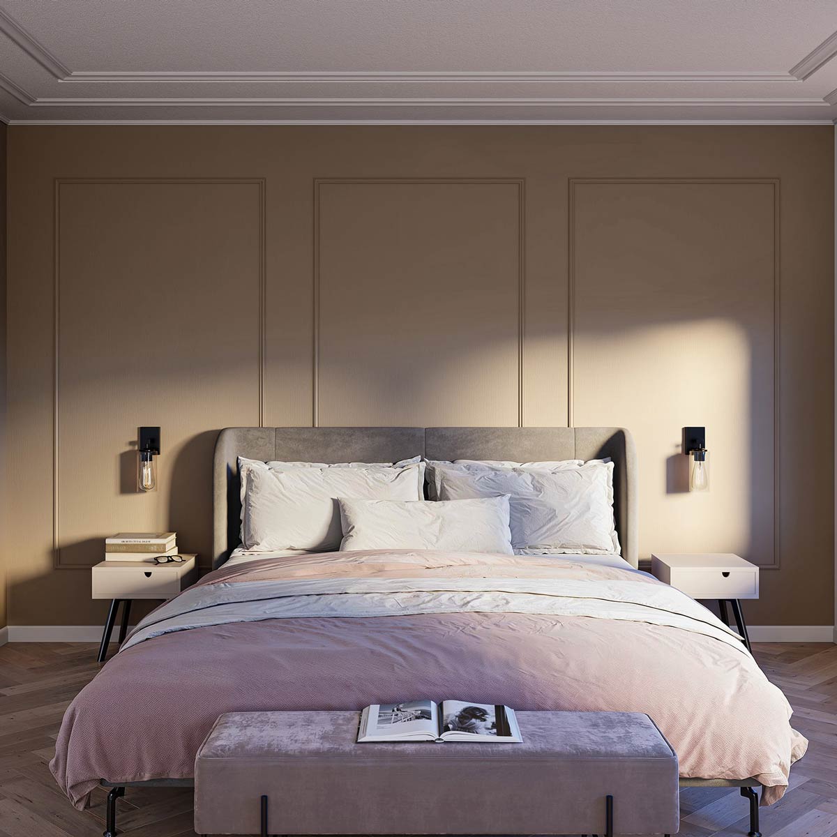 Wandkassetten Set Hamburger Profil MDF weiss grundiert im Schlafzimmer