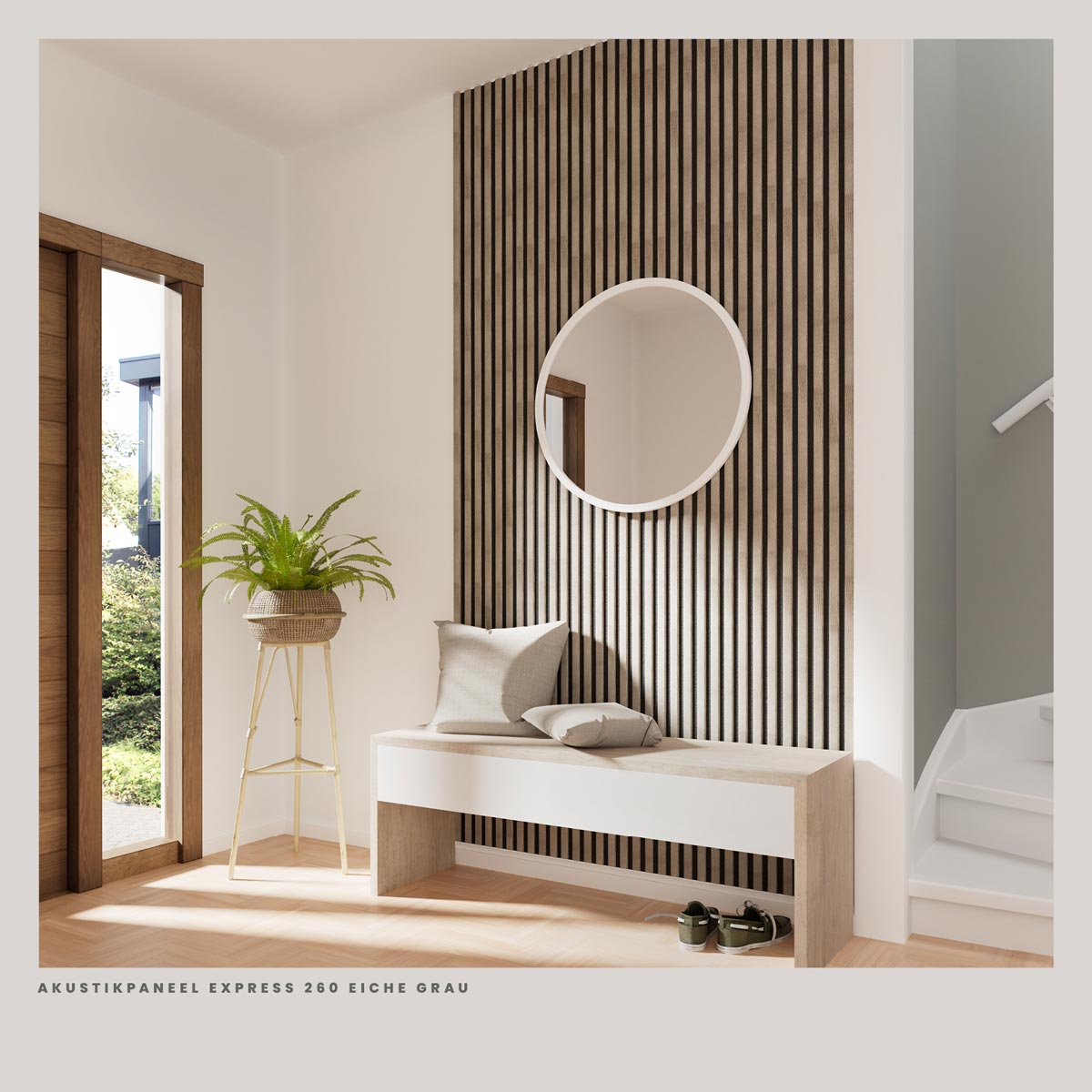 Akustikpaneele Eiche Grau 30 x 260 cm als Wandgestaltung im Flur