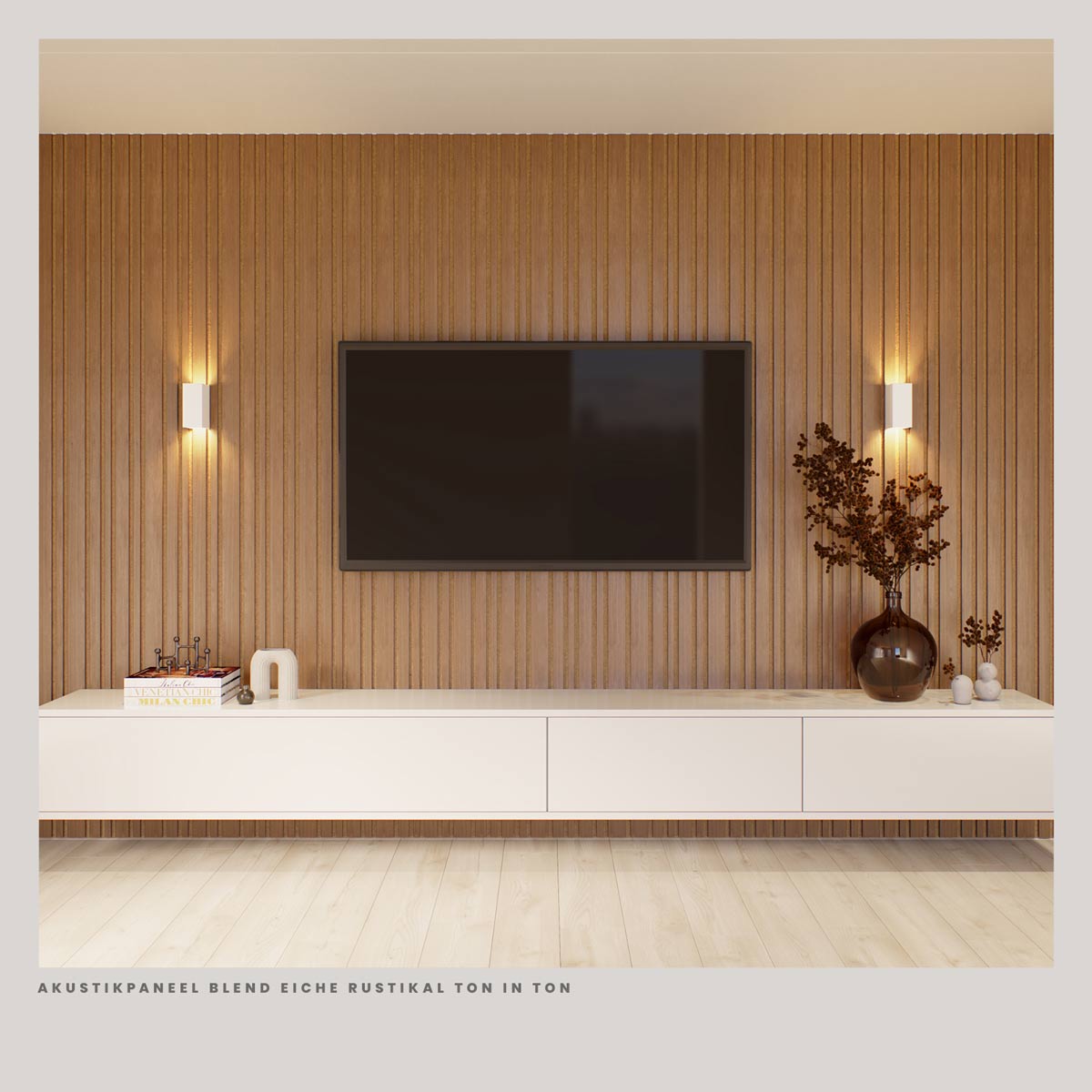 Akustikpaneele Blend Eiche Rustikal Ton in Ton als Wandgestaltung hinter dem TV