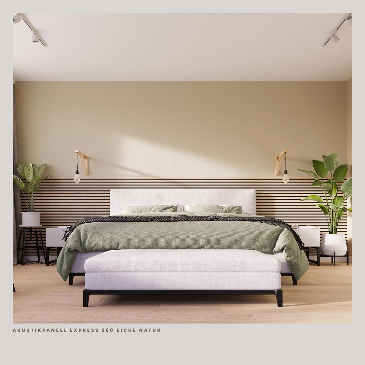 Akustikpaneele Eiche Natur hinter dem Bett im Schlafzimmer
