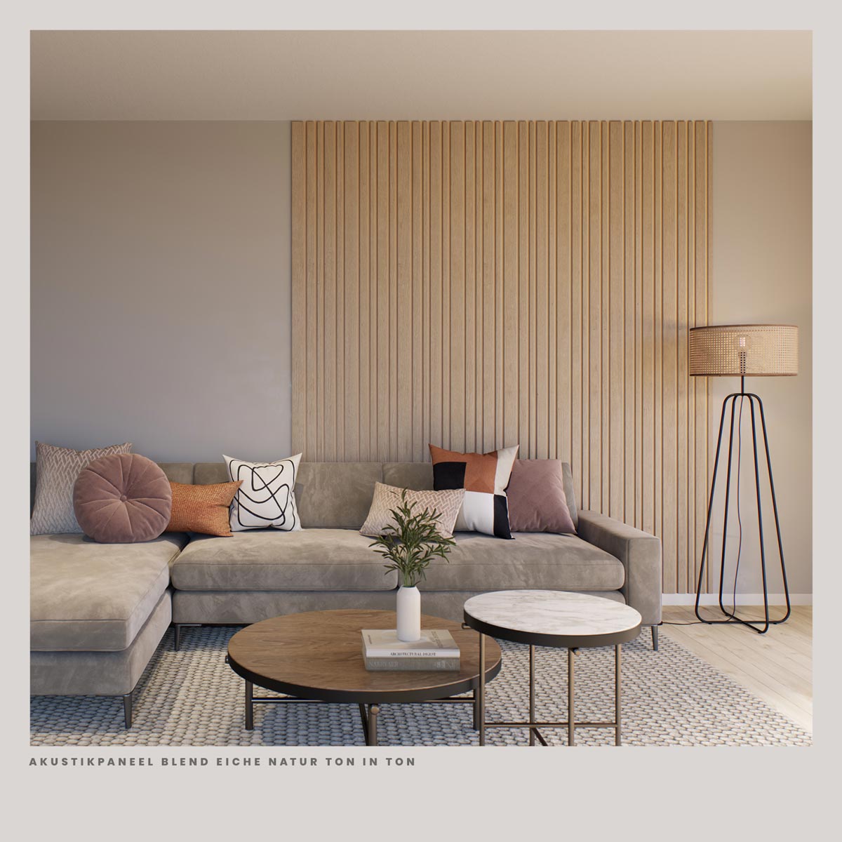 Akustikpaneele Blend Eiche Natur Ton in Ton 30 x 260 cm im Wohnzimmer