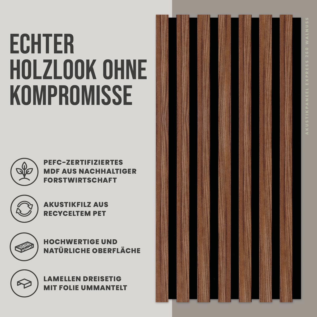 Akustikpaneele Walnuss foliert 30 x 260 cm 2er Set Frontansicht der Lamellen