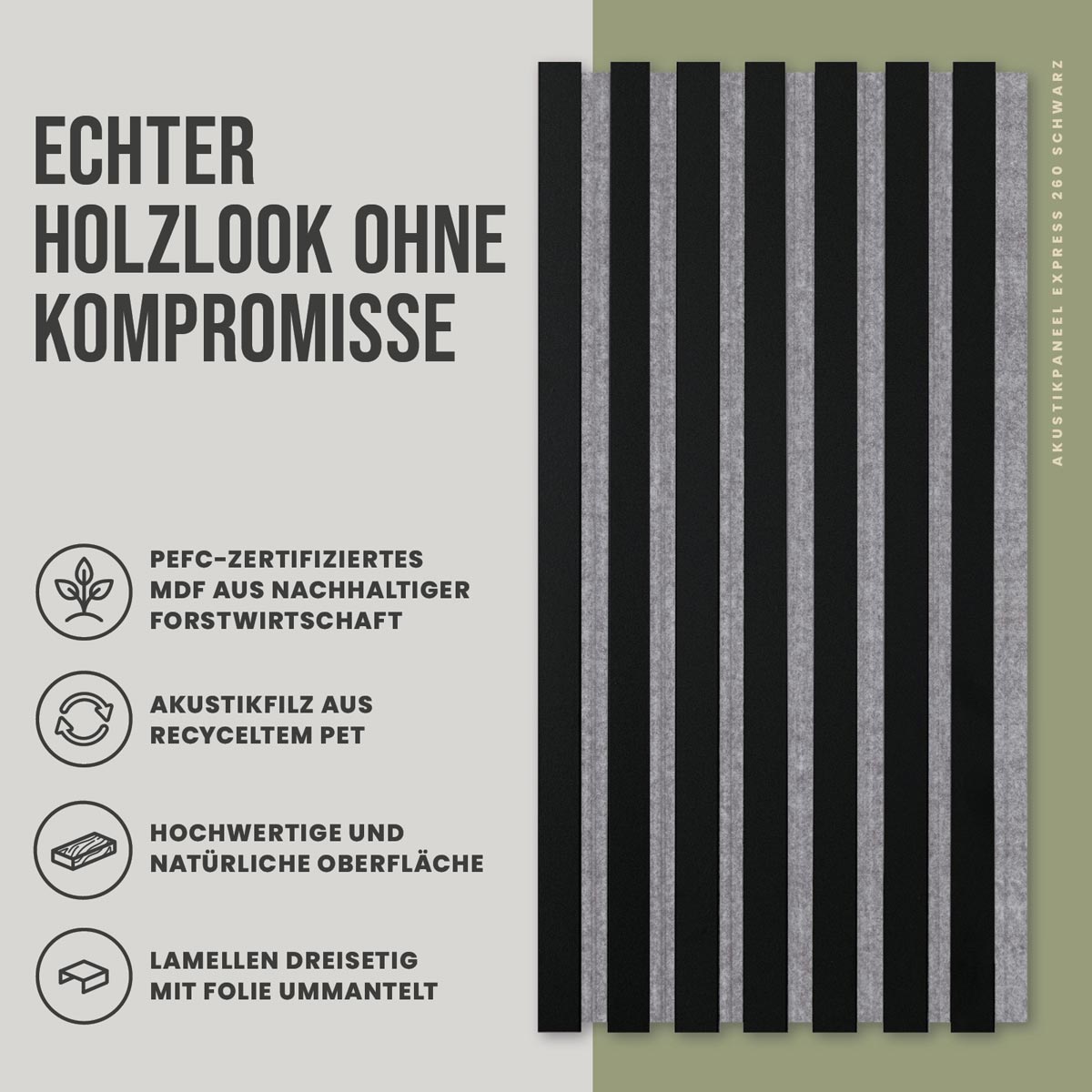 Akustikpaneele Schwarz foliert 30 x 260 cm 2er Set Frontansicht