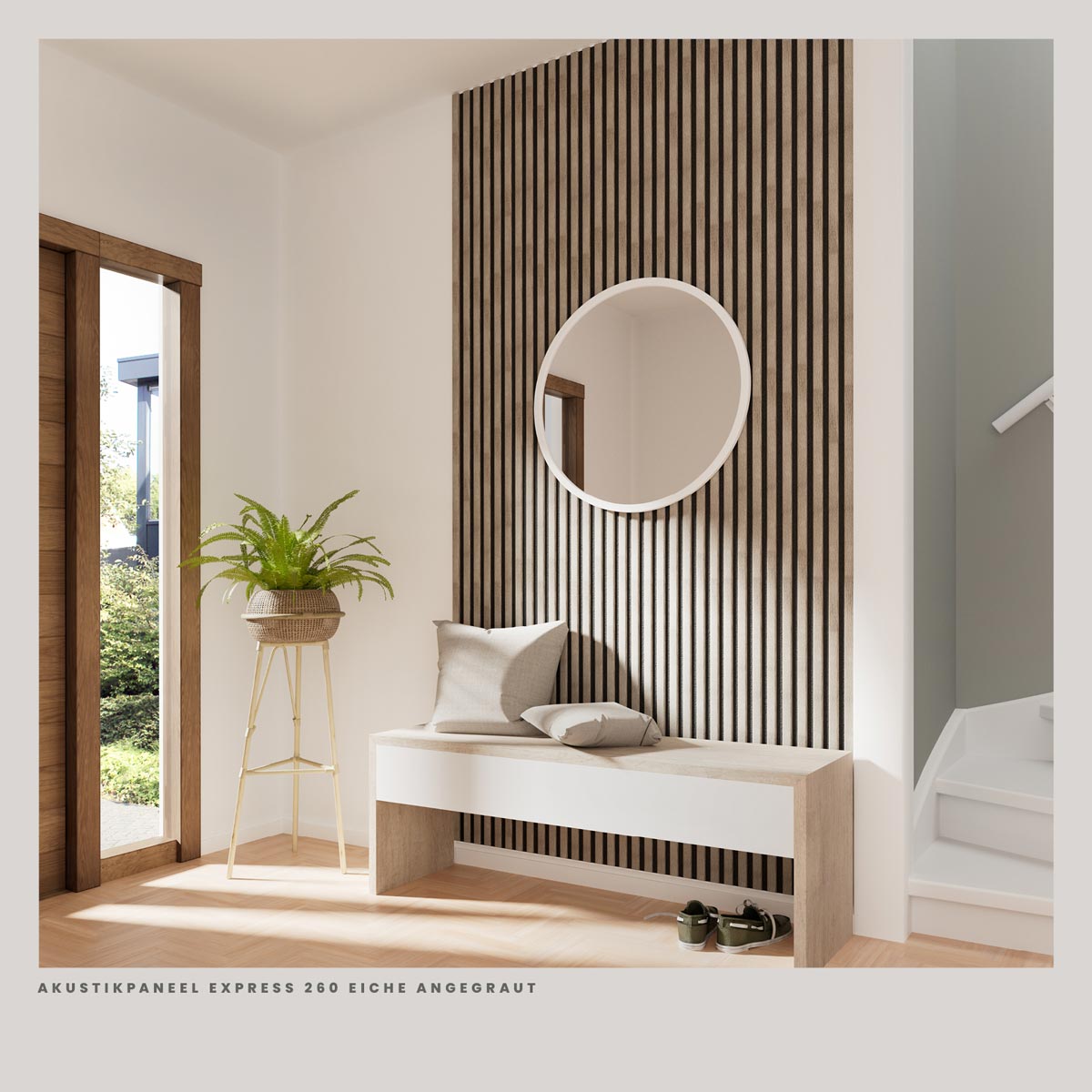 Akustikpaneele Eiche Angegraut 30 x 260 cm als Wandgestaltung im Flur