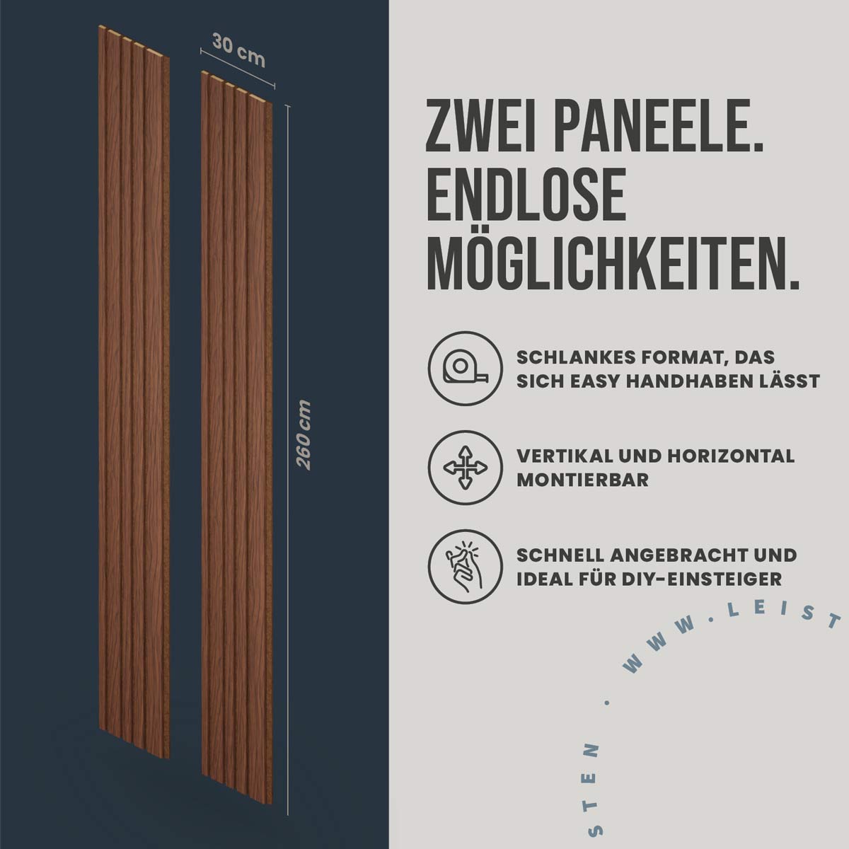 Akustikpaneele Blend Walnuss Ton in Ton mit Abmessungen