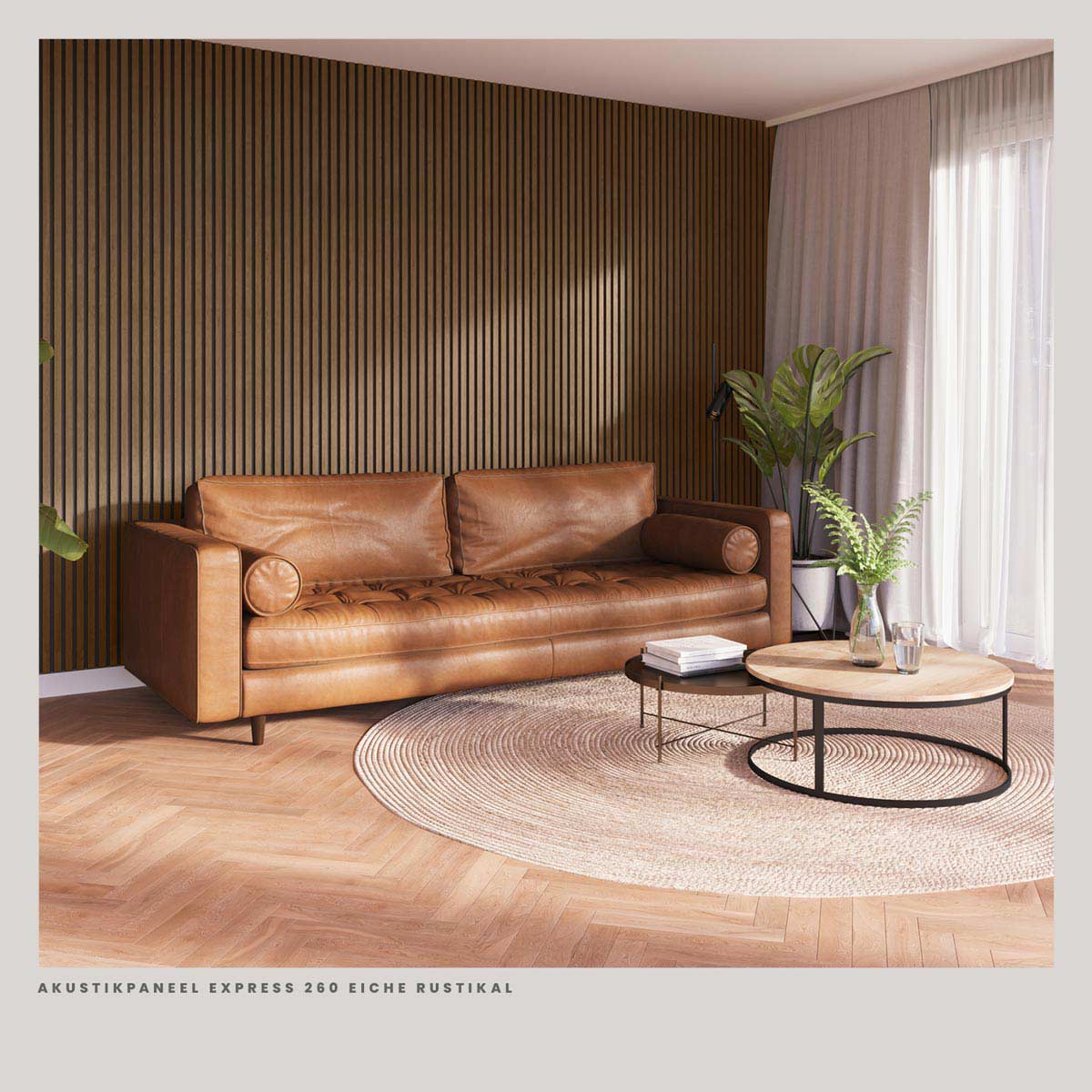 Akustikpaneele Eiche Rustikal 30 x 260 cm im Wohnzimmer