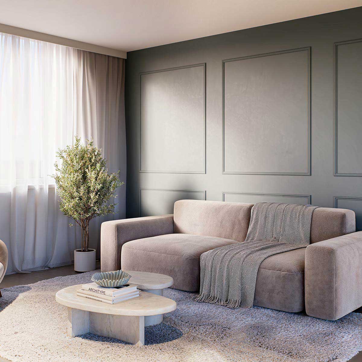 Weiße Zierleisten als moderne Wandgestaltung im Wohnzimmer hinter dem Sofa