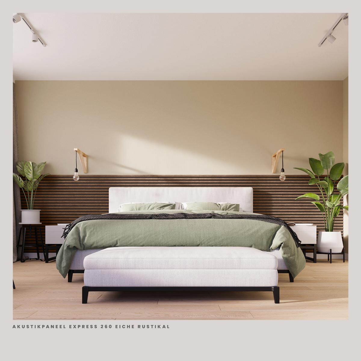 Akustikpaneele Eiche Rustikal im Schlafzimmer hinter dem Bett