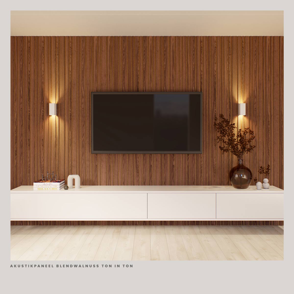 Akustikpaneele Blend Walnuss Ton in Ton als Wandgestaltung hinter dem TV