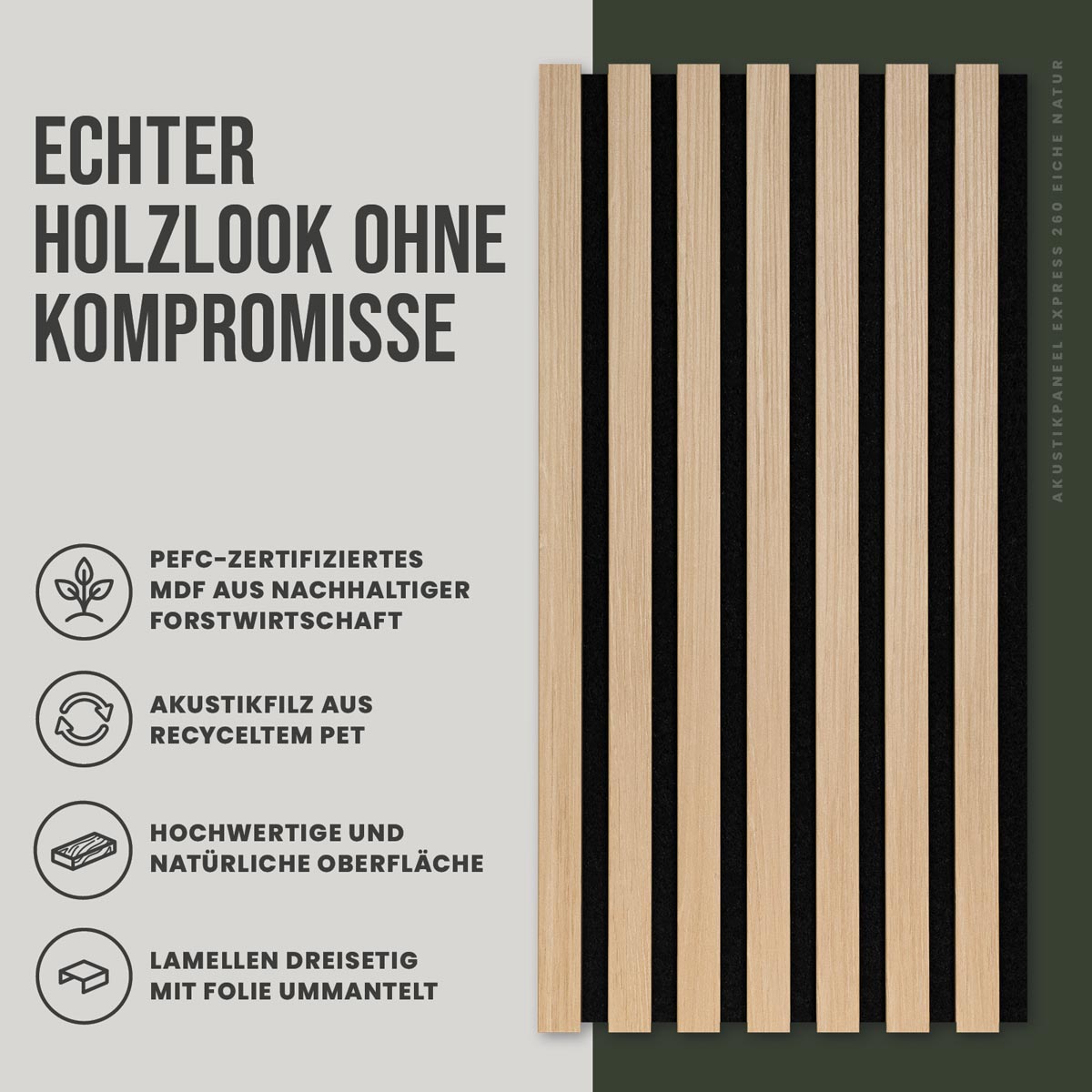 Akustikpaneele Eiche Natur 30 x 260 cm Lamellen Frontansicht