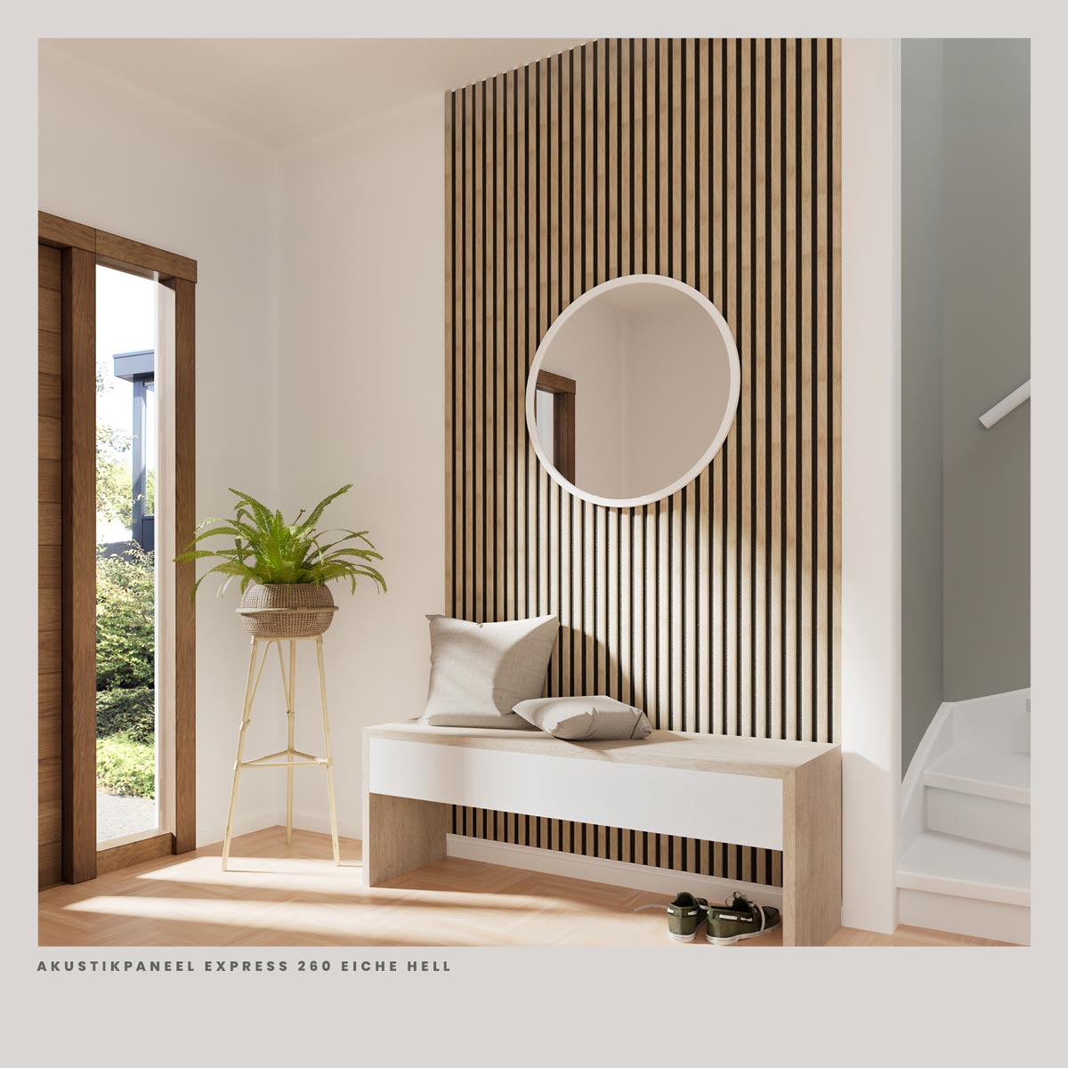 Akustikpaneele Eiche hell 30 x 260 cm als Wandgestaltung im Flur